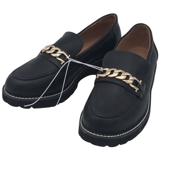 BCBGeneration Shoes - BCBG black Lug sole Loafers Vegan Leather with Gold Chain detail NWOT size 8